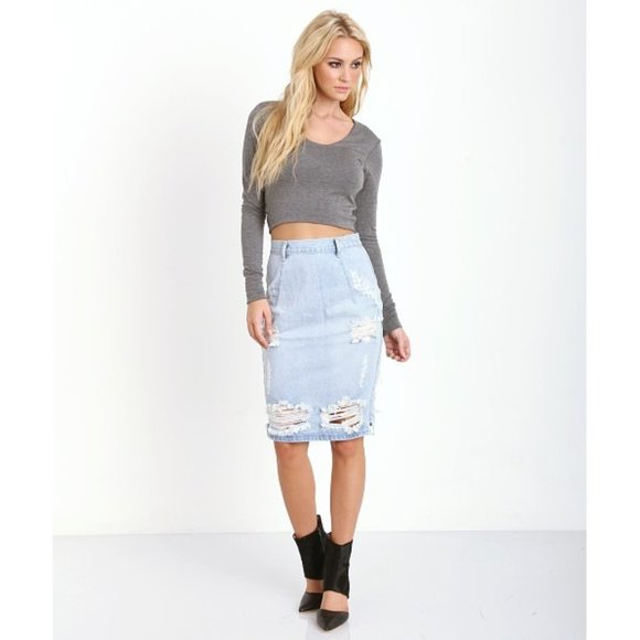 One Teaspoon Free Love Denim Slit Split Pencil Midi Skirt Brando Zipper Ripped - Picture 1 of 15